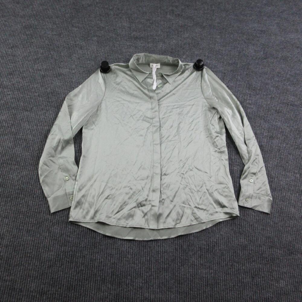 LILYSILK Blouse Womens L Green Silk Satin Long Sleeve Collared Button Up NWT